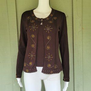 ALBERTO MAKALI Brown Studded Heavy Slinky Knit Twinset Sweater Set M